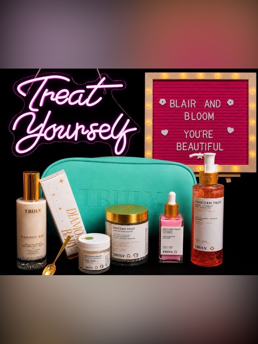 DIAMOND BABY AND TRULY Unicorn Fruit Skincare Set with TRULY Cosmetic Bag-RARE!